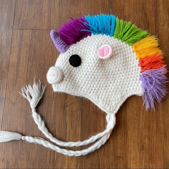 CROCHET RAINBOW UNICORN HAT knit toddler child girl kid photo prop costume 20” - Picture 2 of 8